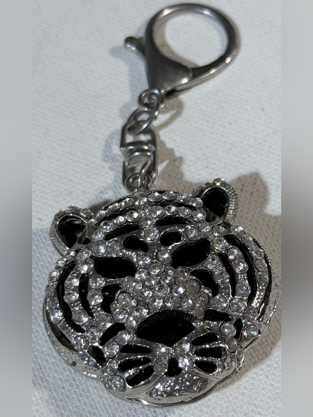 Crystal Tiger Brooch Keychain — Black and Silver Sparkle
